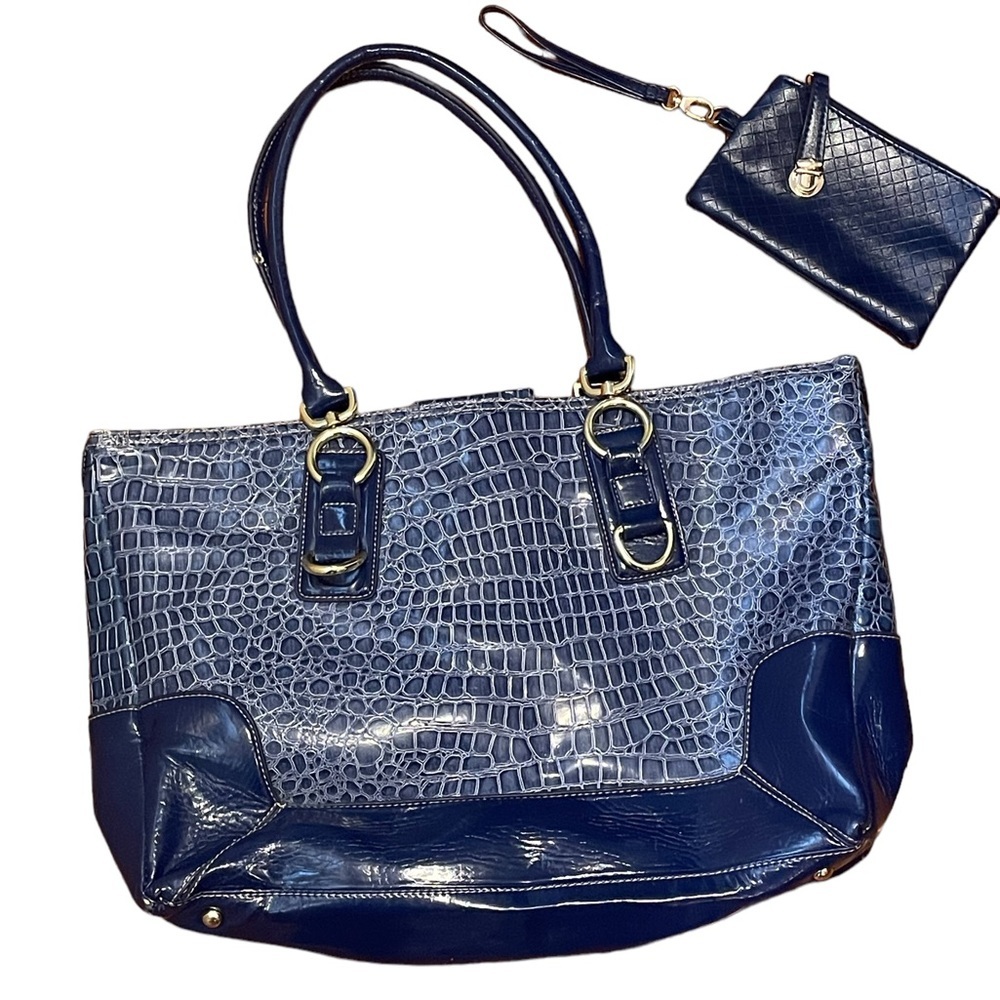 Woman’s large satchel-travel‎ tote blue bag with zippered pouch